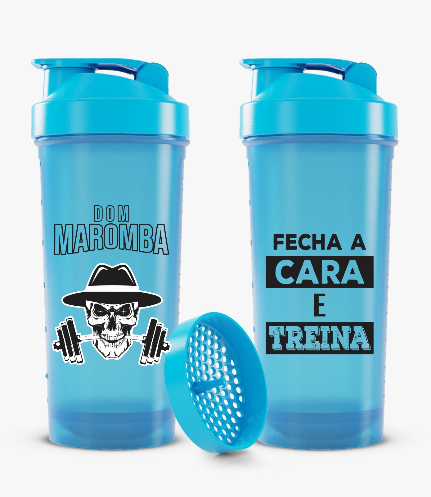 Coqueteleira Azul Dom Maromba com Logo e Frase Motivacional